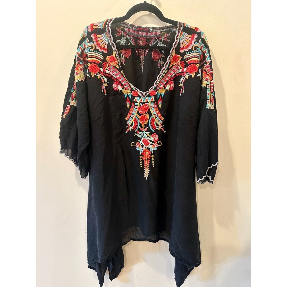 Johnny Was Floral Embroidered Silk Tunic Dress Black Sz 2X Scalloped 3/4 Sleeve